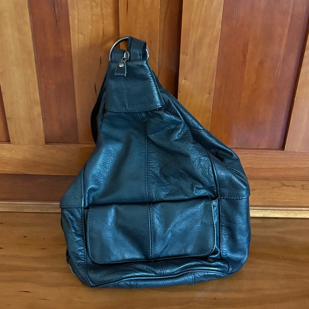 Black Leather Men's Sling Backpack